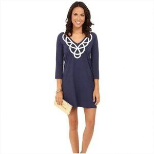 Lilly Pulitzer Blaire Dress Pima Cotton V Neck 3/4 Sleeve True Navy, Medium
